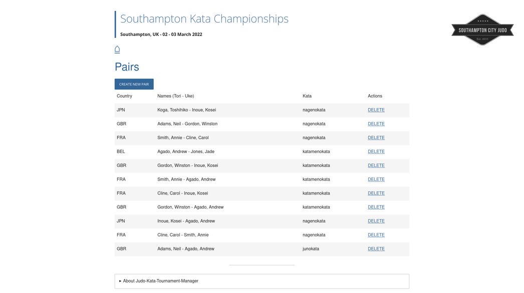 Screenshot showing all the pairs of competitors and the kata they are competing in