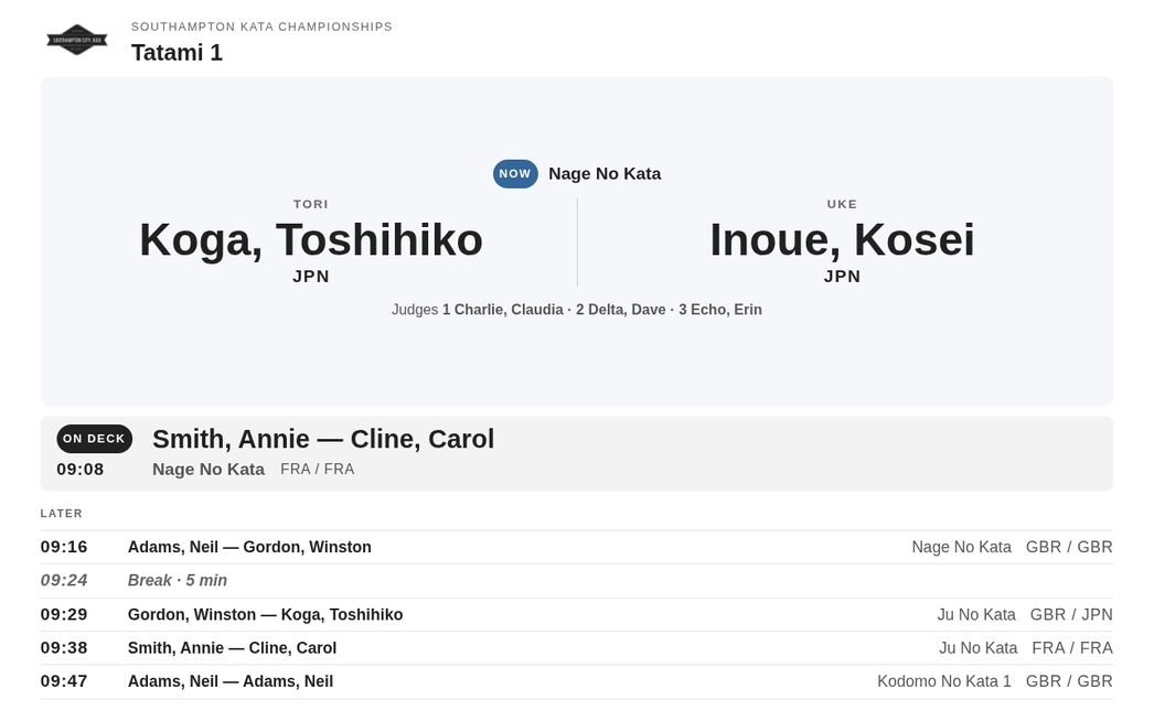 Announcer board for Tatami 1 with current tori and uke, judging team, on-deck pair, and later schedule including a break
