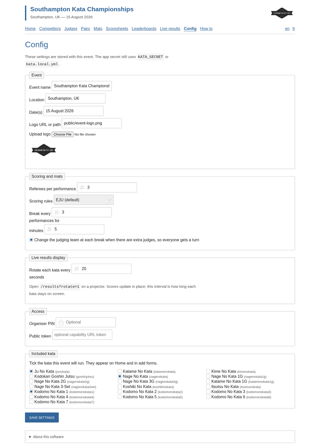 Config page with event identity, scoring rules, PIN, public token, and included kata