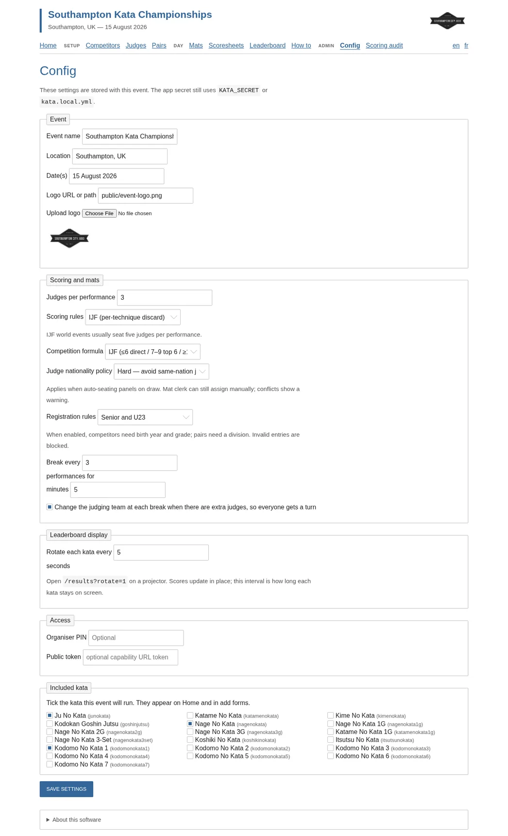 Config page showing IJF scoring, IJF competition formula, hard judge nationality policy, and Senior and U23 registration rules