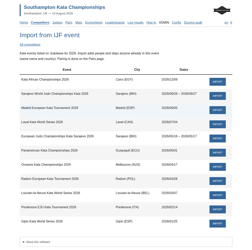 Import from IJF event page listing this year’s Judobase kata championships with an Import button per event