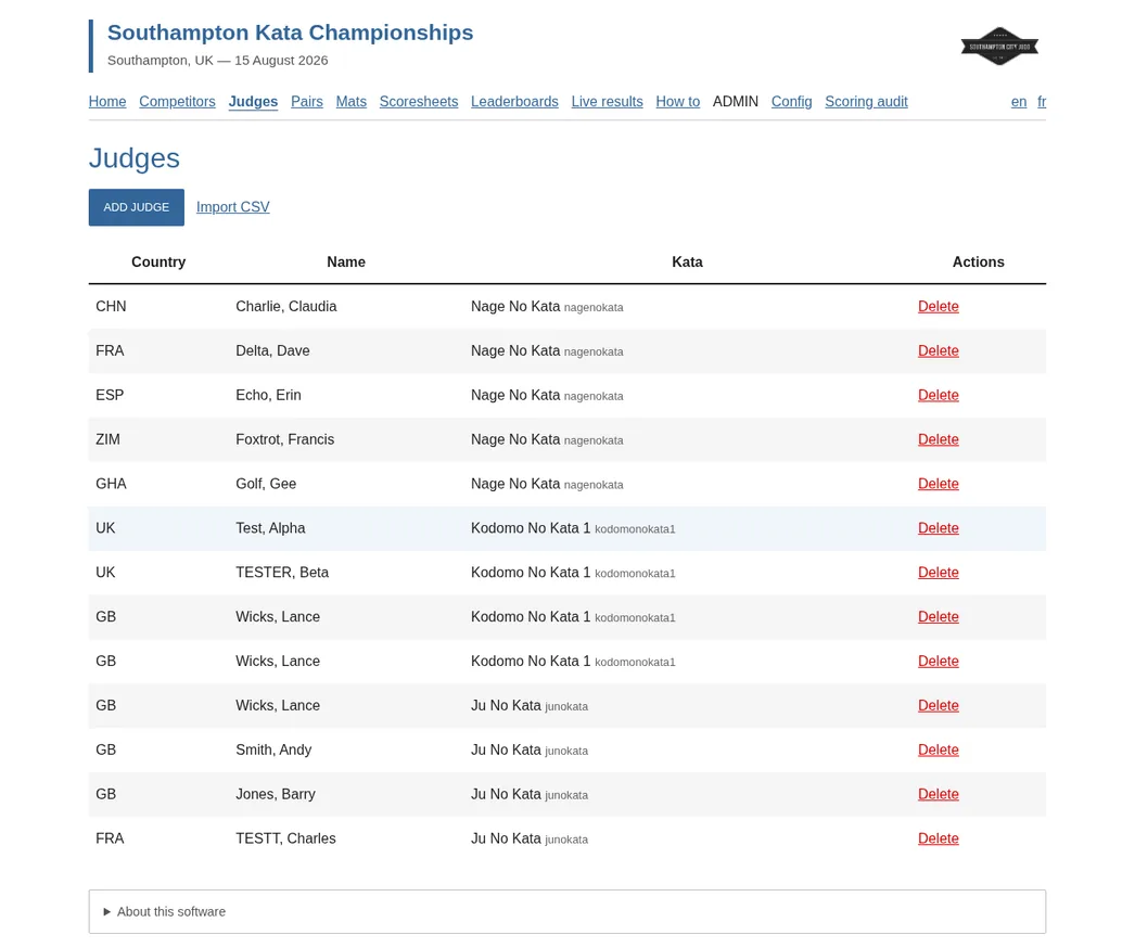 Judges page listing judges and the kata they are judging