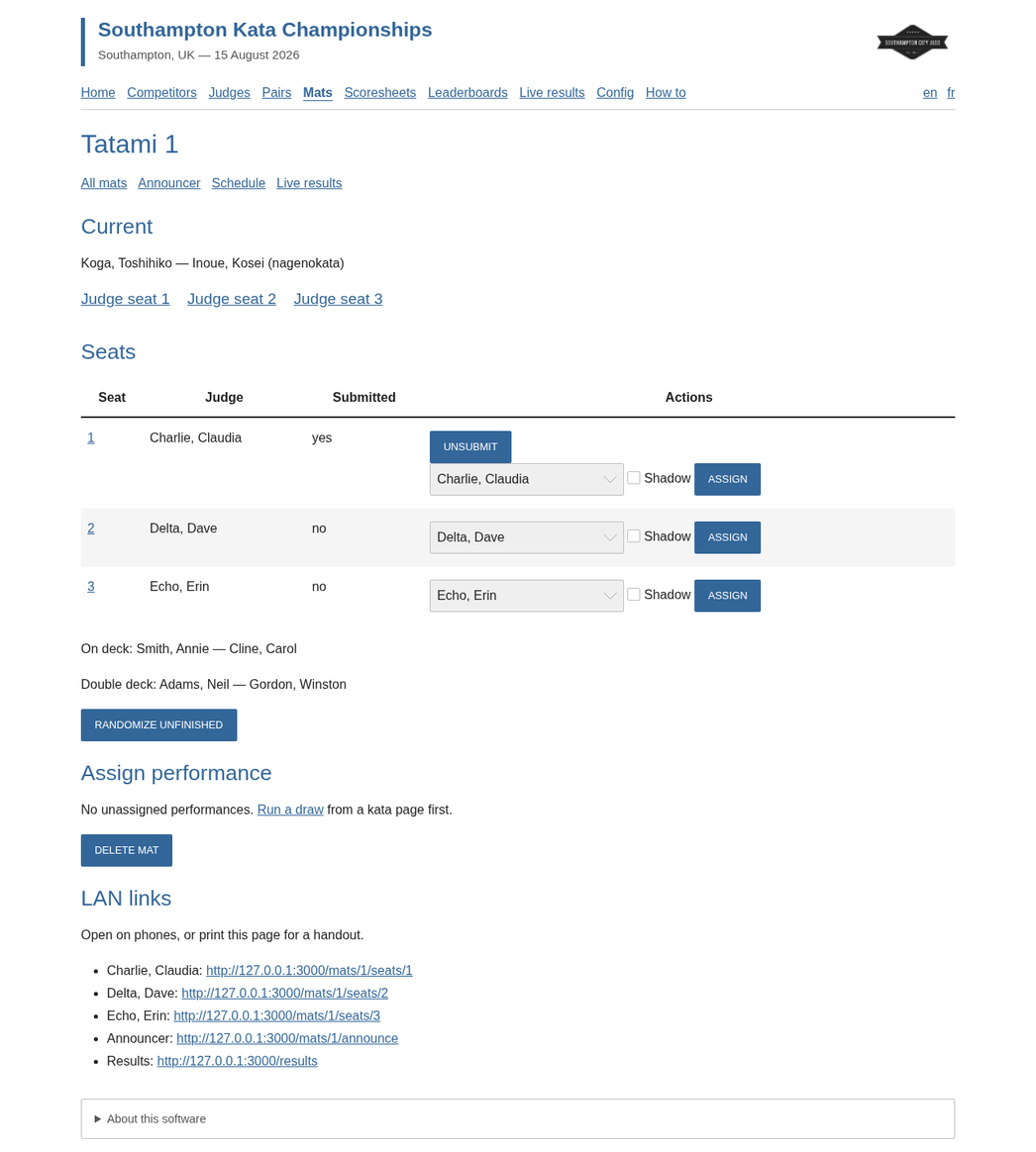 Mat clerk page for Tatami 1 showing current pair, judge seats, shadow and unsubmit controls, and LAN links