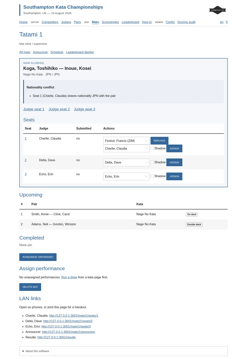 Mat clerk and supervisor page showing a judge nationality conflict and eligible replacement control