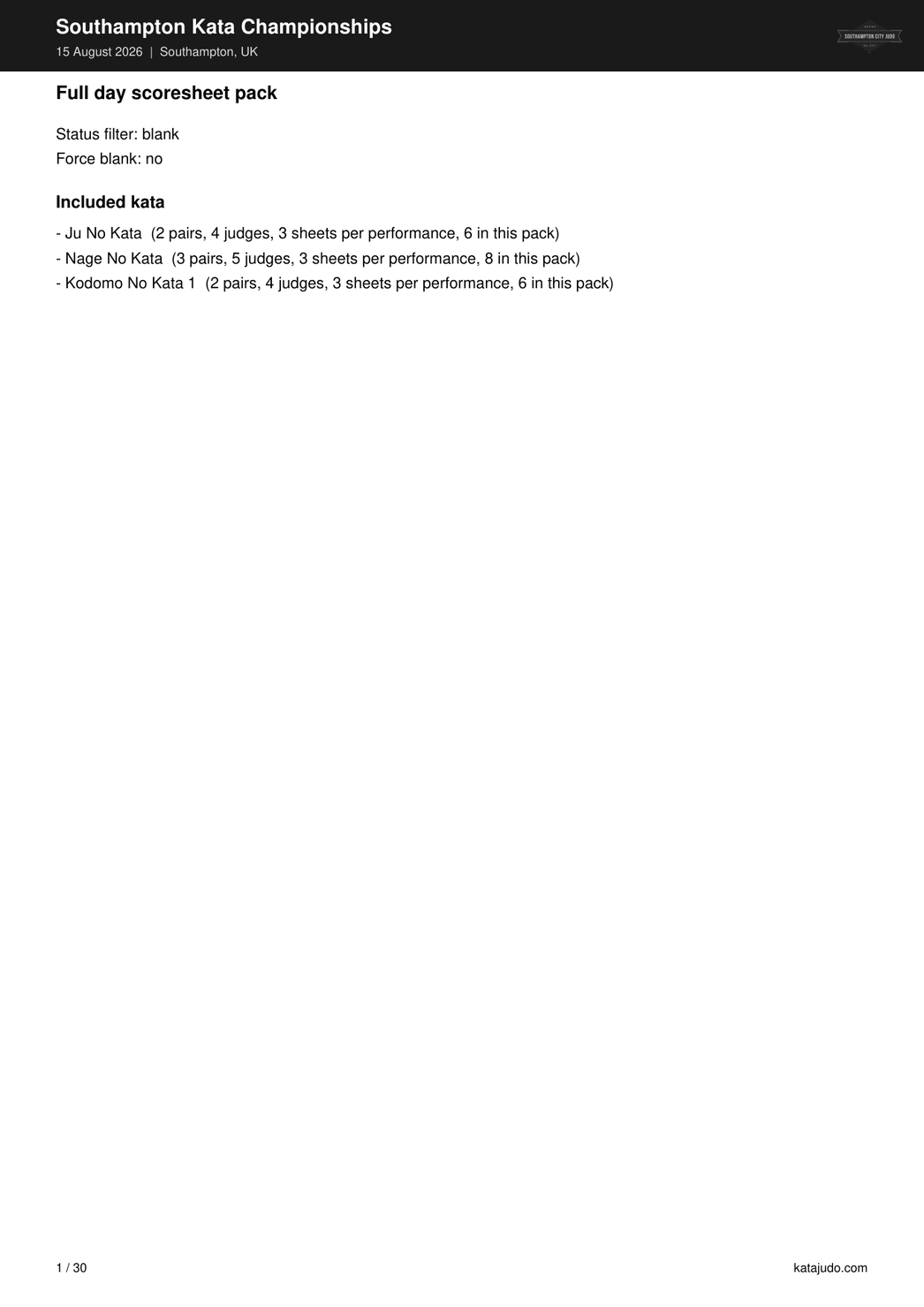 PDF cover page titled Full day scoresheet pack listing included kata