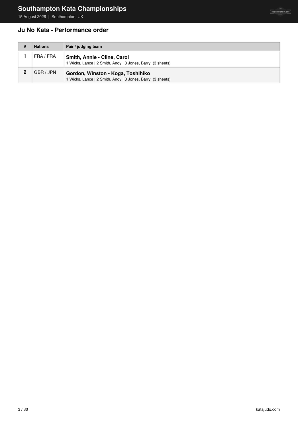 PDF performance order page listing pairs and judging teams