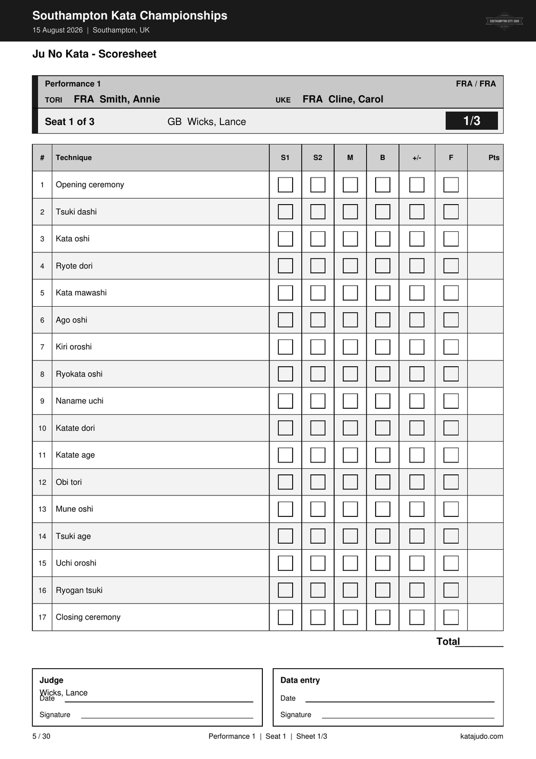 Printed PDF scoresheet with event header, pair and judge details, mistake checkbox grid, total, and signature boxes