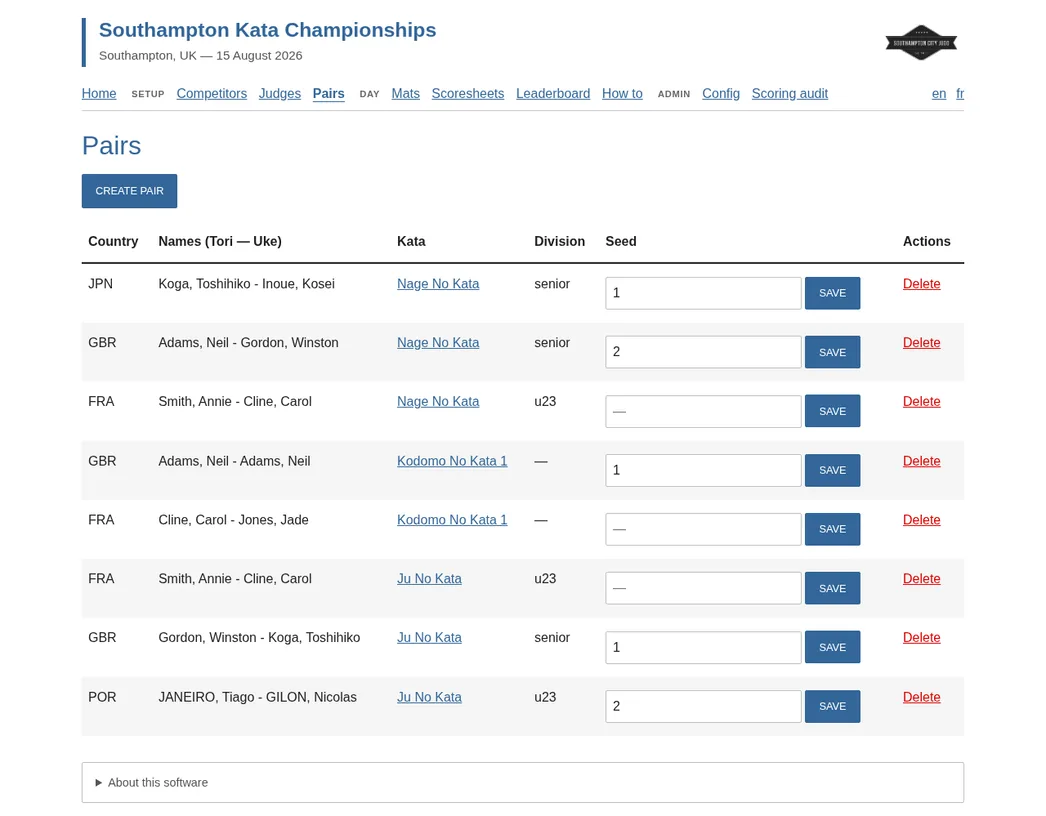 Pairs page listing tori and uke, kata, Senior or U23 division, and seed rank