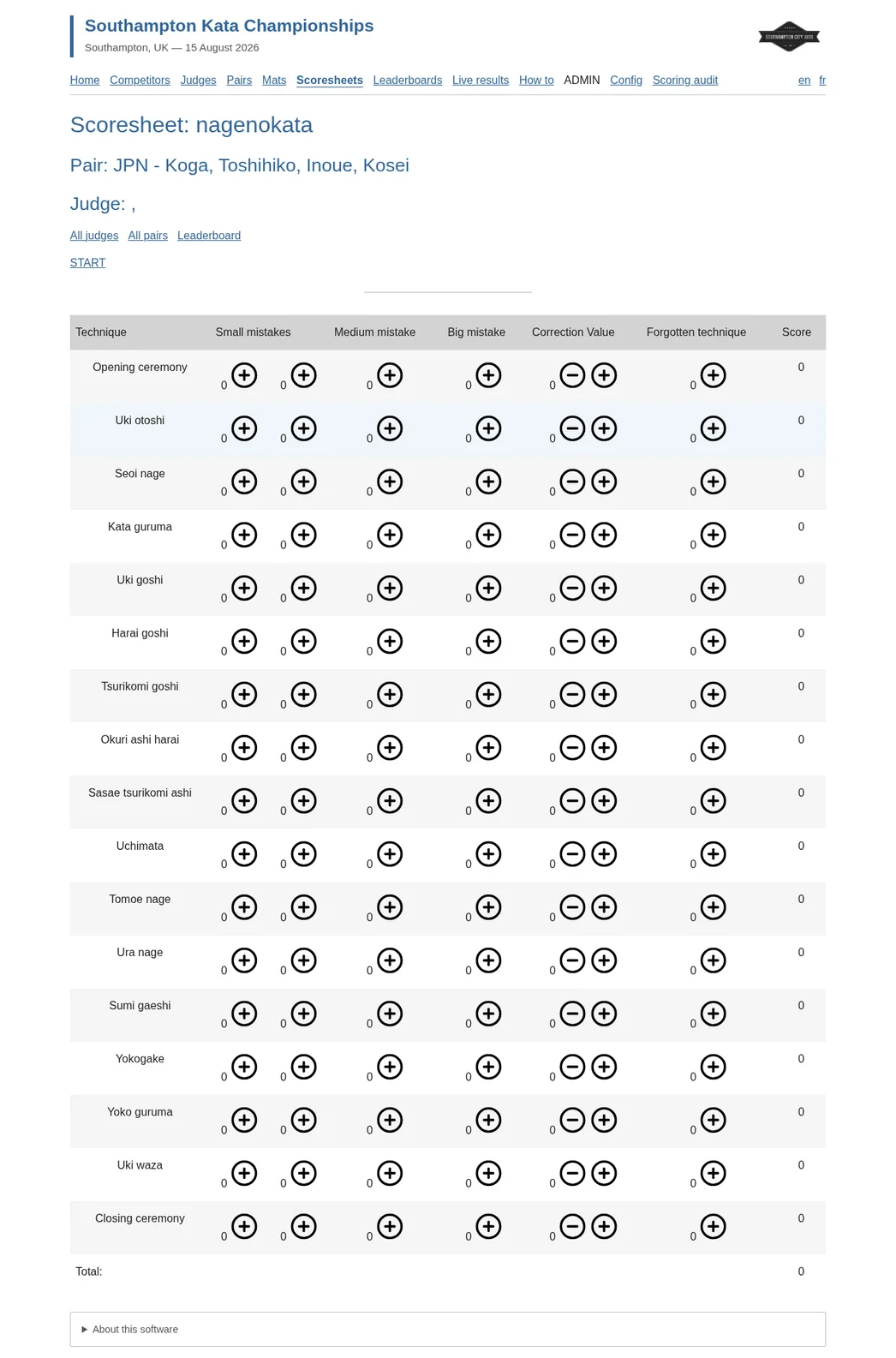 Clerk scoresheet for a pair and judge with technique rows and mistake plus-minus controls