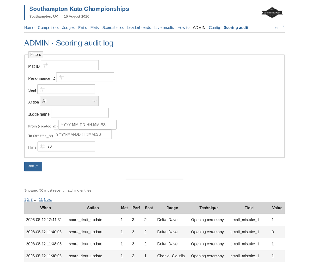 Admin scoring audit log with filters for mat, seat, action, and judge, and a table of recent score draft updates