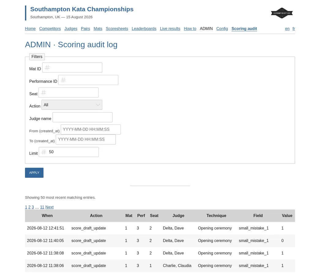 Admin scoring audit log with filters for mat, seat, action, and judge, and a table of recent score draft updates